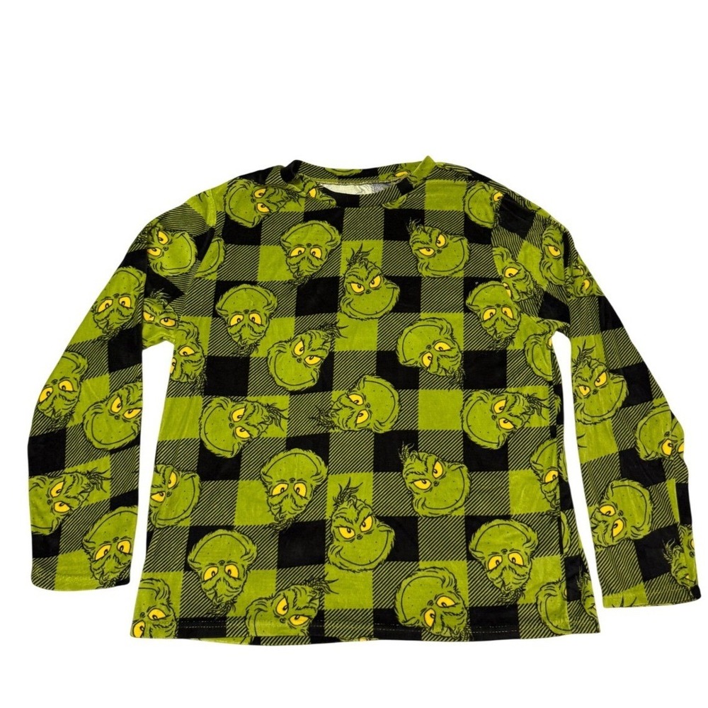 Dr Seuss The Grinch Pajama Top Green Black Plaid Long Sleeve Shirt Womens Medium